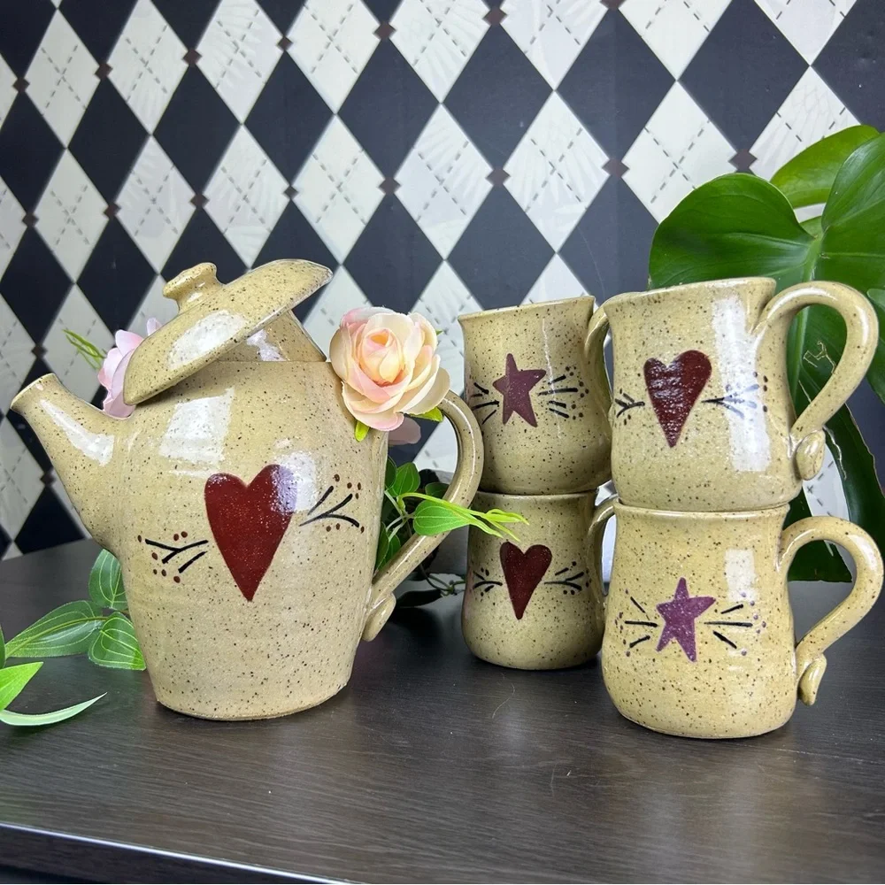 Studio Pottery Tea Set Stoneware Teapot and Four Mugs Heart Star Motif Primitive